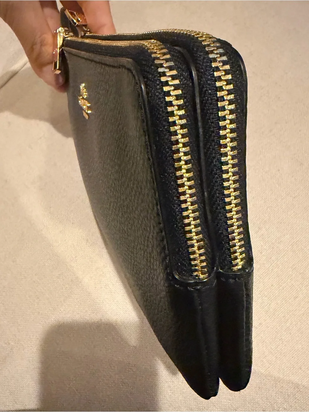 NWOT Coach Double Zip Black Pebbled Leather Wristlet with Gold Hardware